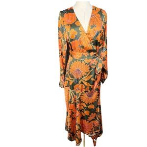 Fate Floral Satin Wrap Long Sleeve Orange Green Midi Small Dress
